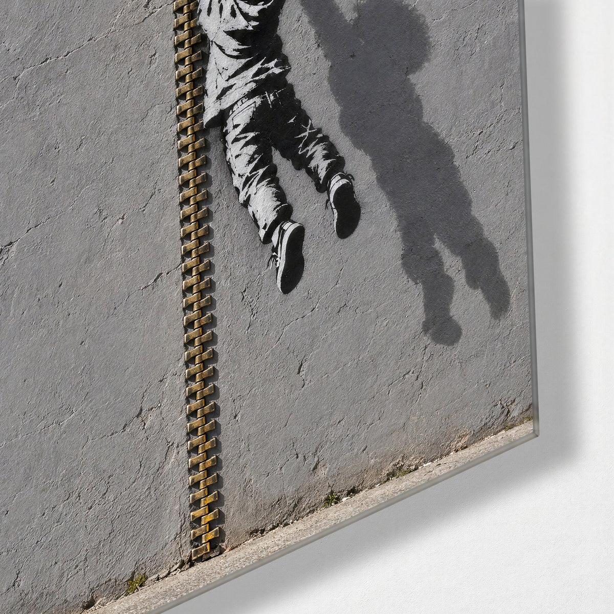 Unzipping a Gray Wall glass wall art, corner view