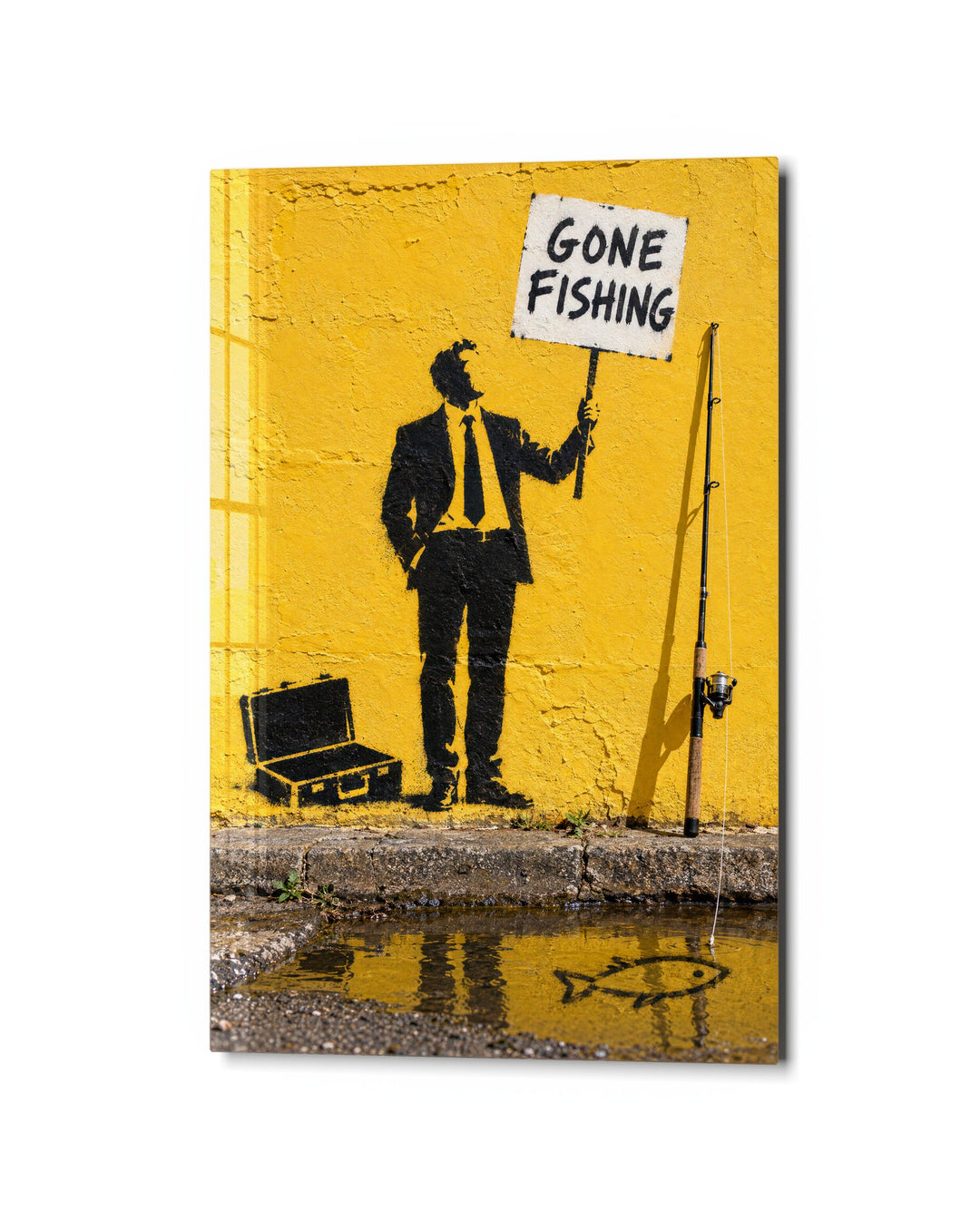 Out of Office, Suit On glass wall art, studio view