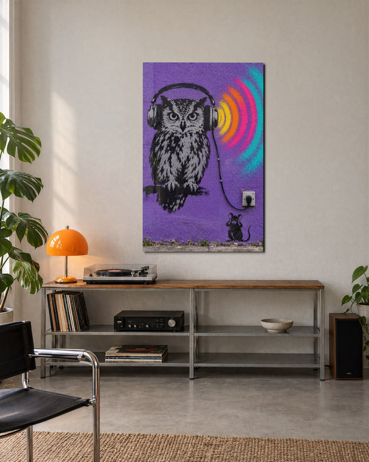 Headphones on the Late Shift glass wall art, lifestyle view