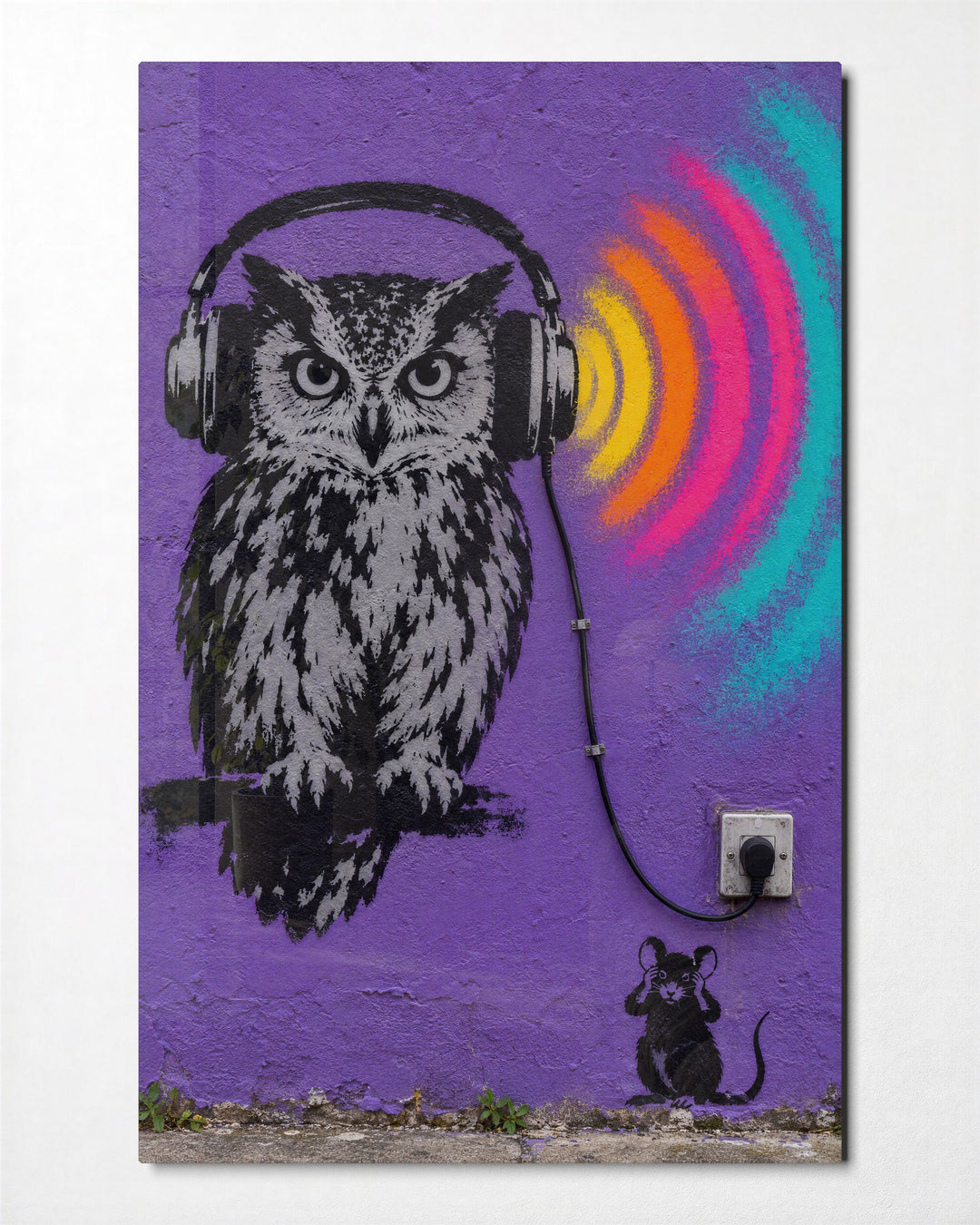 Headphones on the Late Shift glass wall art, front view