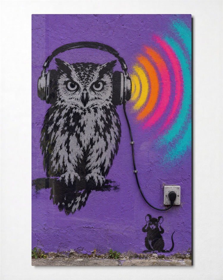 Headphones on the Late Shift glass wall art, front view