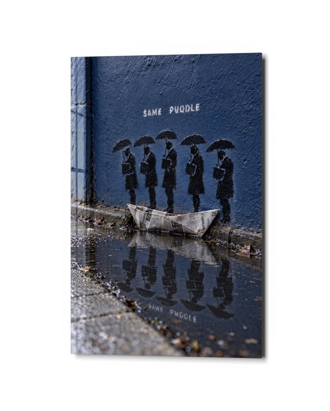 Paper Boat, Five Umbrellas glass wall art, studio view