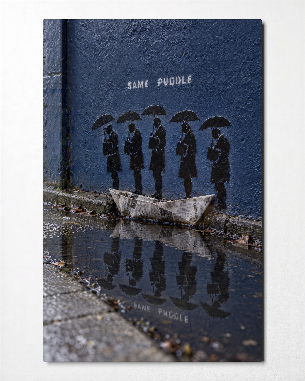 Paper Boat, Five Umbrellas glass wall art, front view