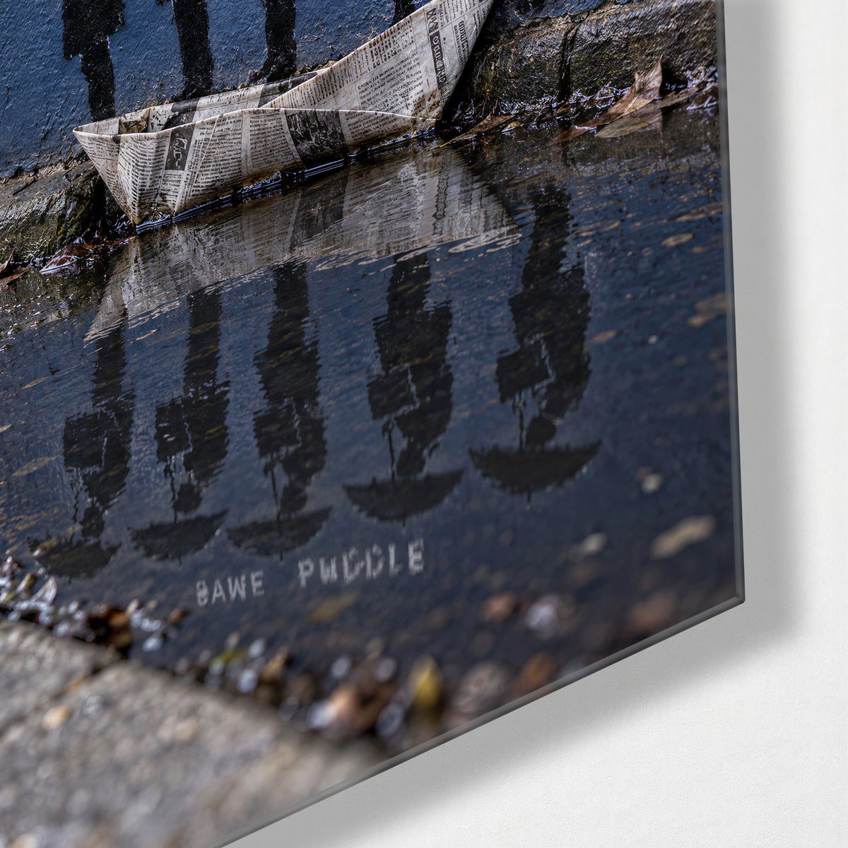 Paper Boat, Five Umbrellas glass wall art, corner view