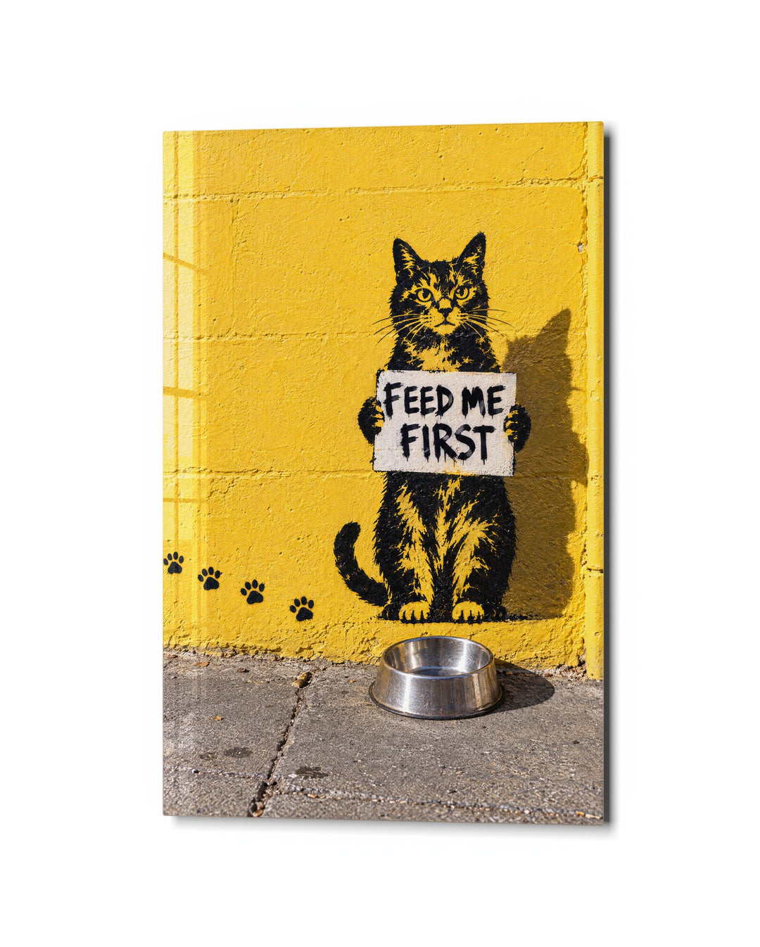Cat Demands Breakfast glass wall art, studio view