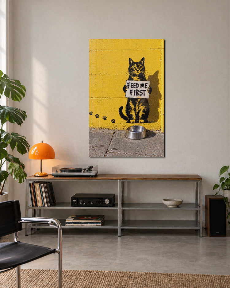 Cat Demands Breakfast glass wall art, lifestyle view