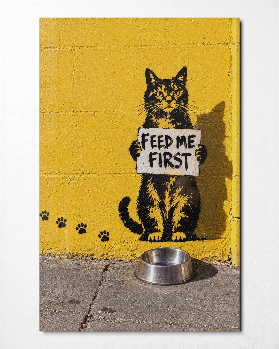 Cat Demands Breakfast glass wall art, front view