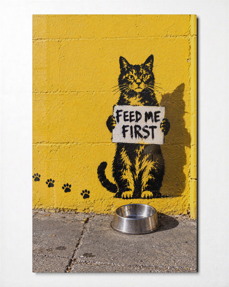 Cat Demands Breakfast glass wall art, front view