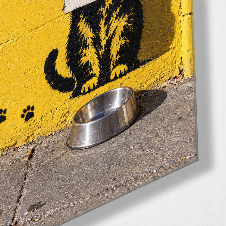 Cat Demands Breakfast glass wall art, corner view