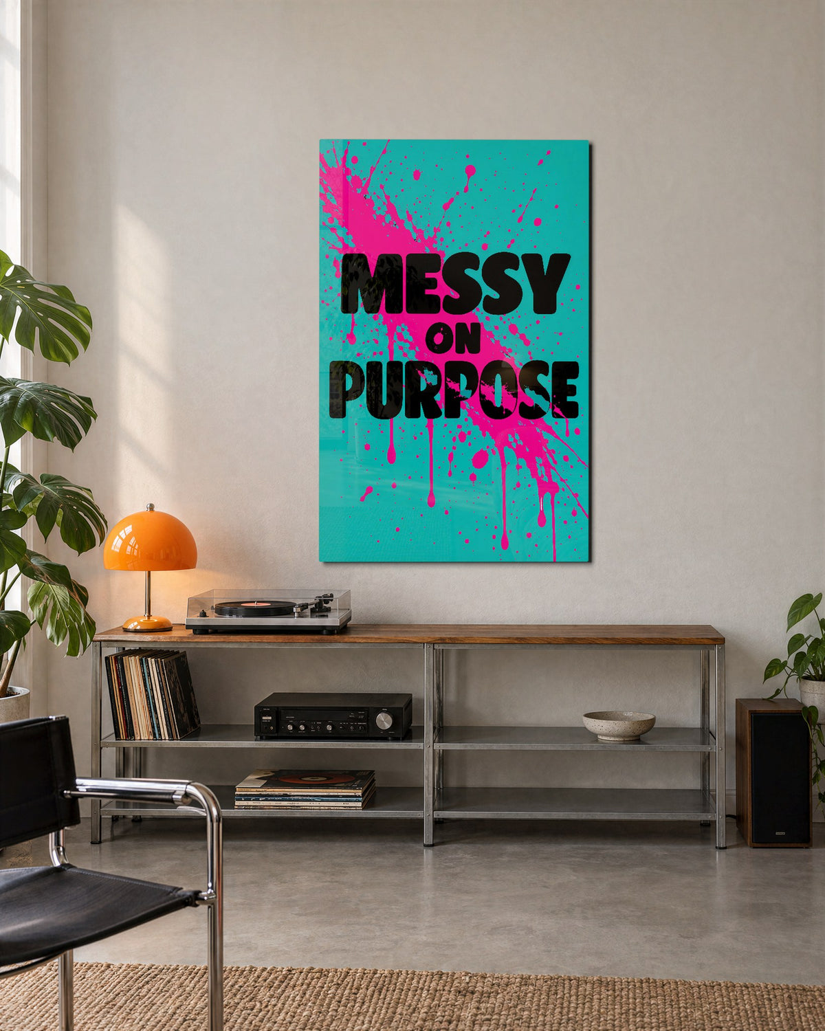 Pink Splash, Black Letters glass wall art, lifestyle view
