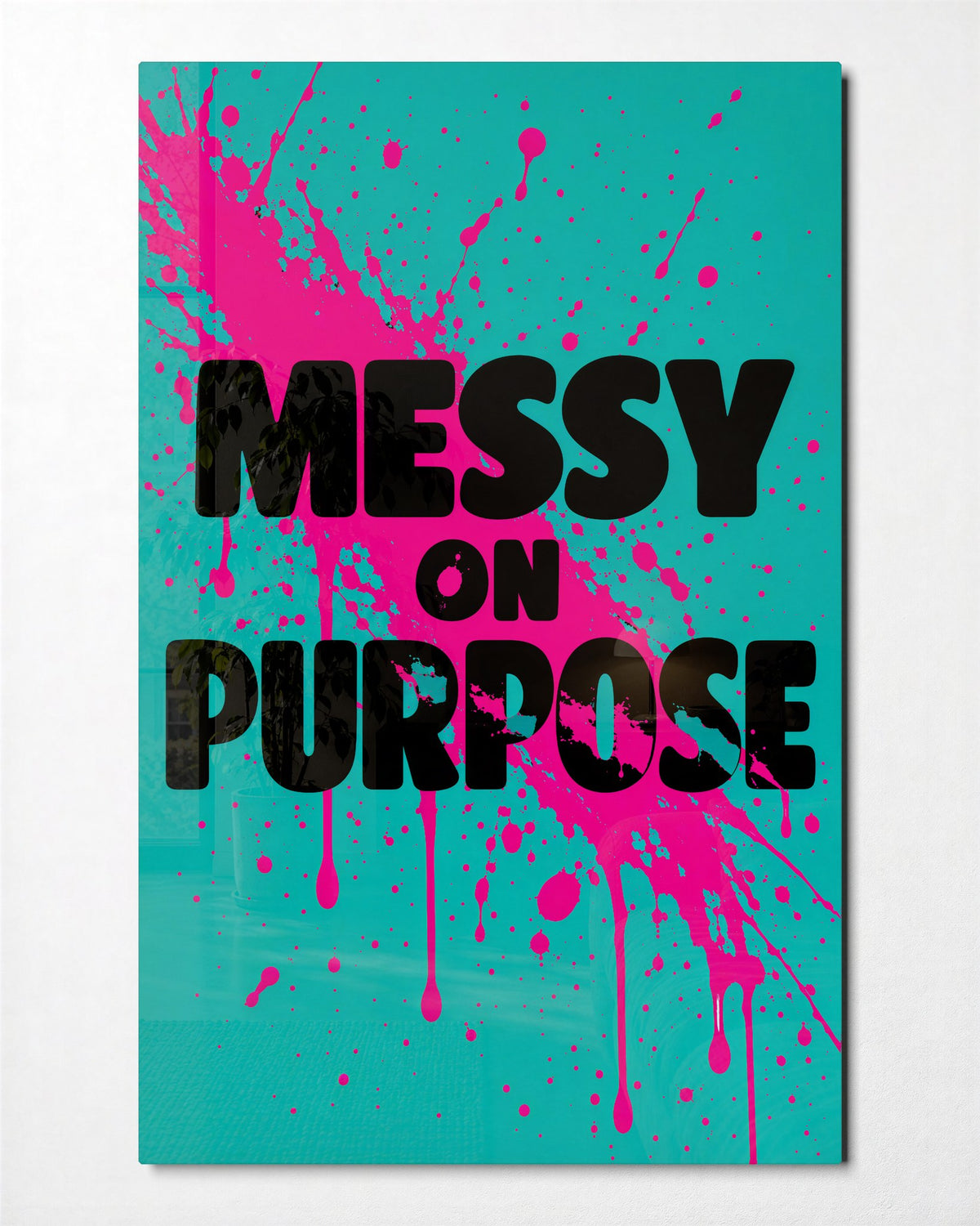Pink Splash, Black Letters glass wall art, front view