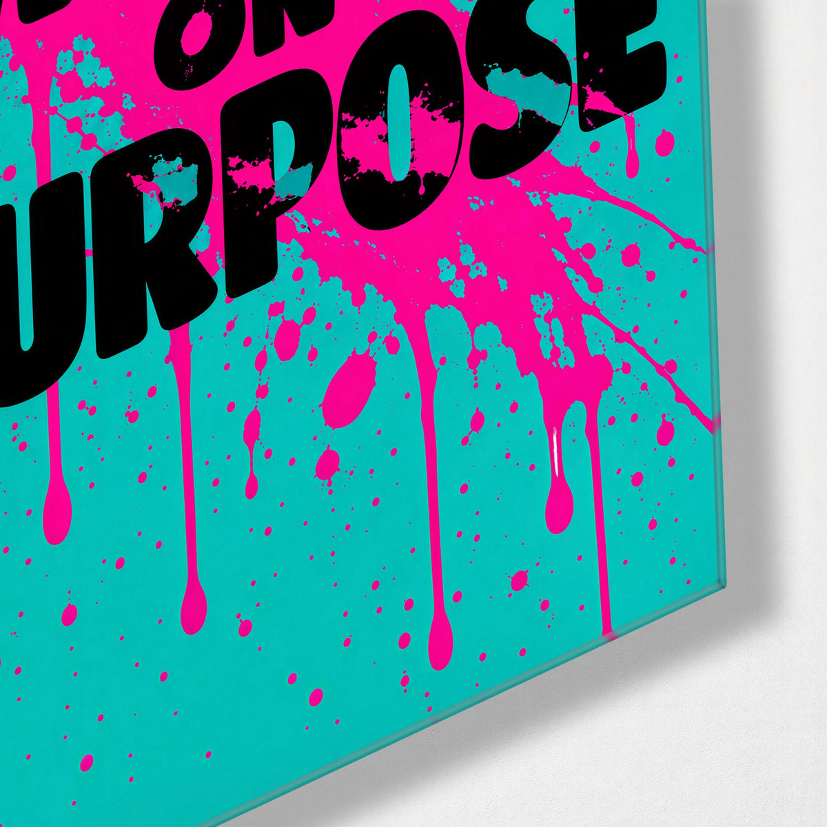 Pink Splash, Black Letters glass wall art, corner view