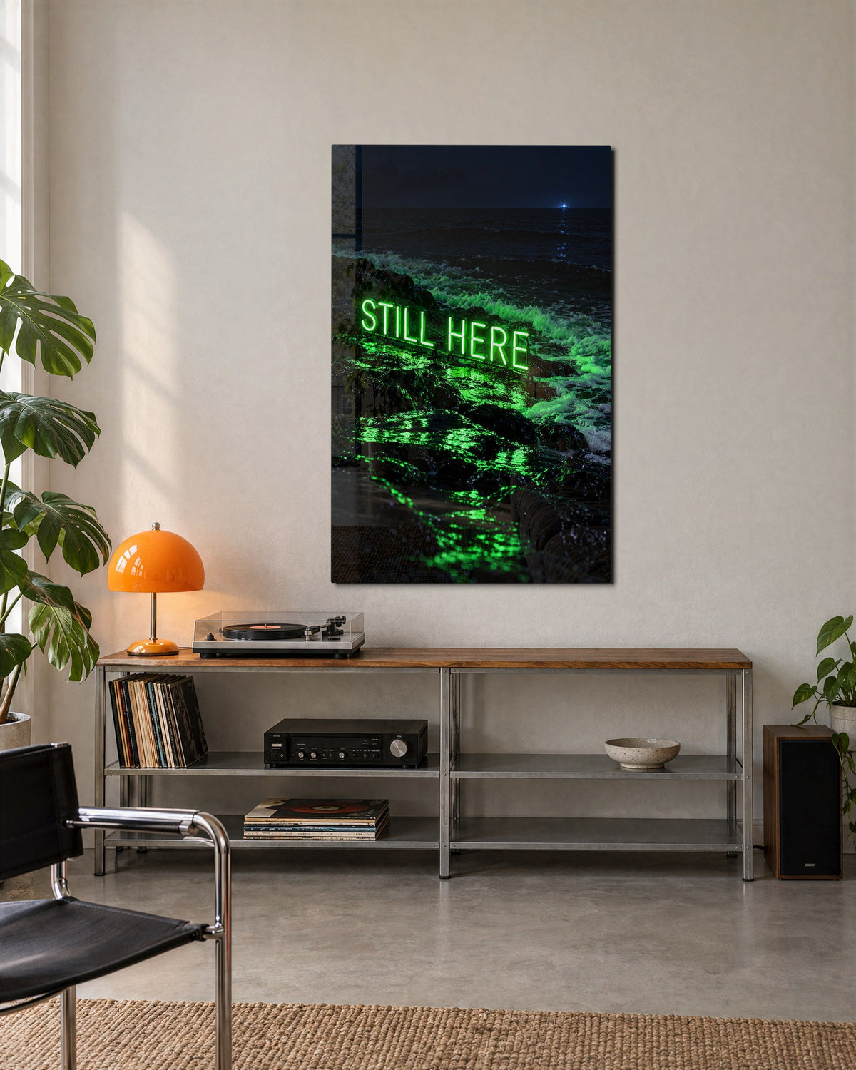 A Green Line of Light glass wall art, lifestyle view
