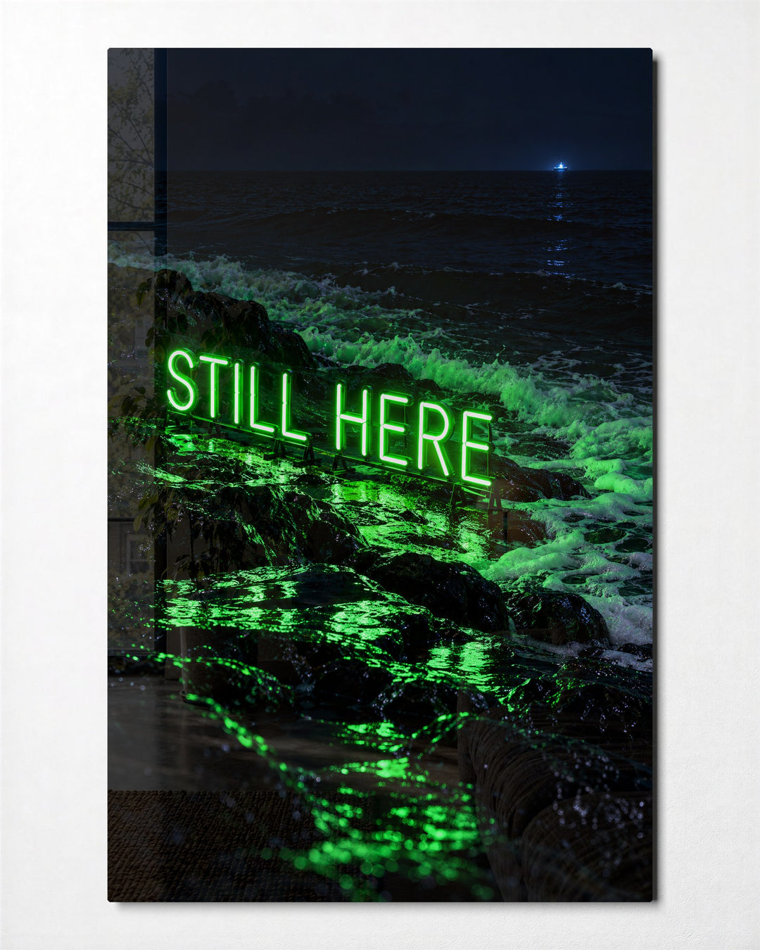 A Green Line of Light glass wall art, front view