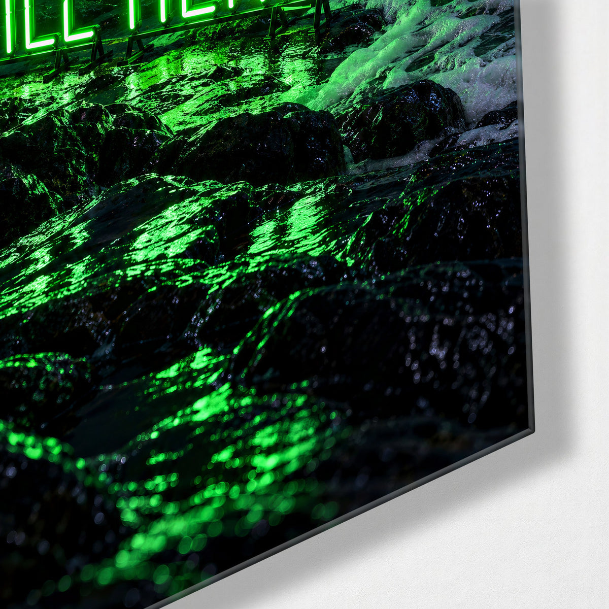 A Green Line of Light glass wall art, corner view