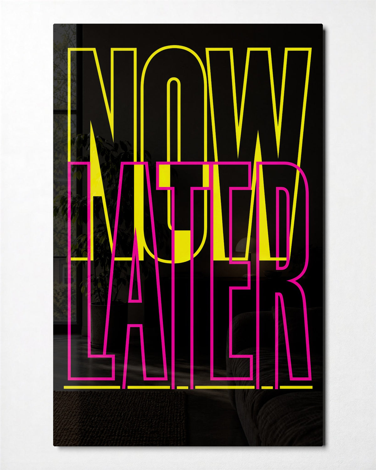 Tall Words Fighting for Room glass wall art, front view