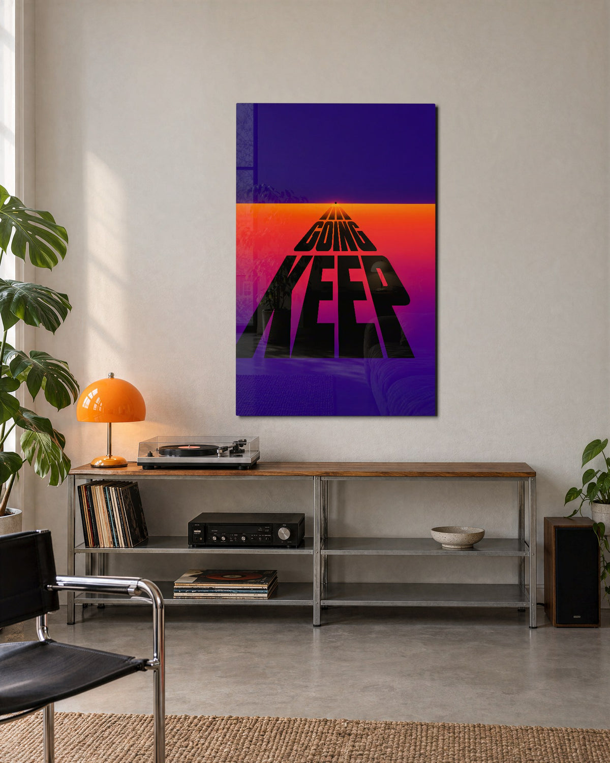 Words Run to the Horizon glass wall art, lifestyle view