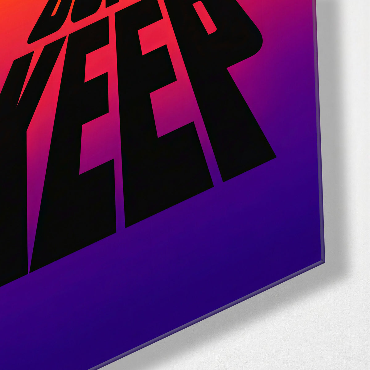 Words Run to the Horizon glass wall art, corner view