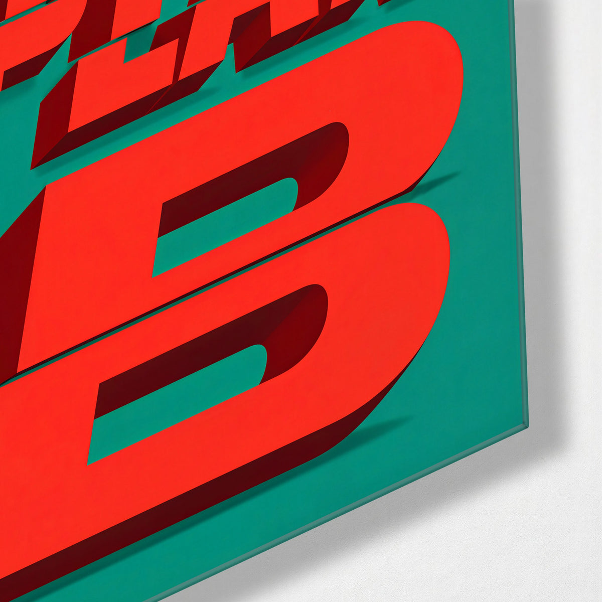 Red Letters, Sliced glass wall art, corner view