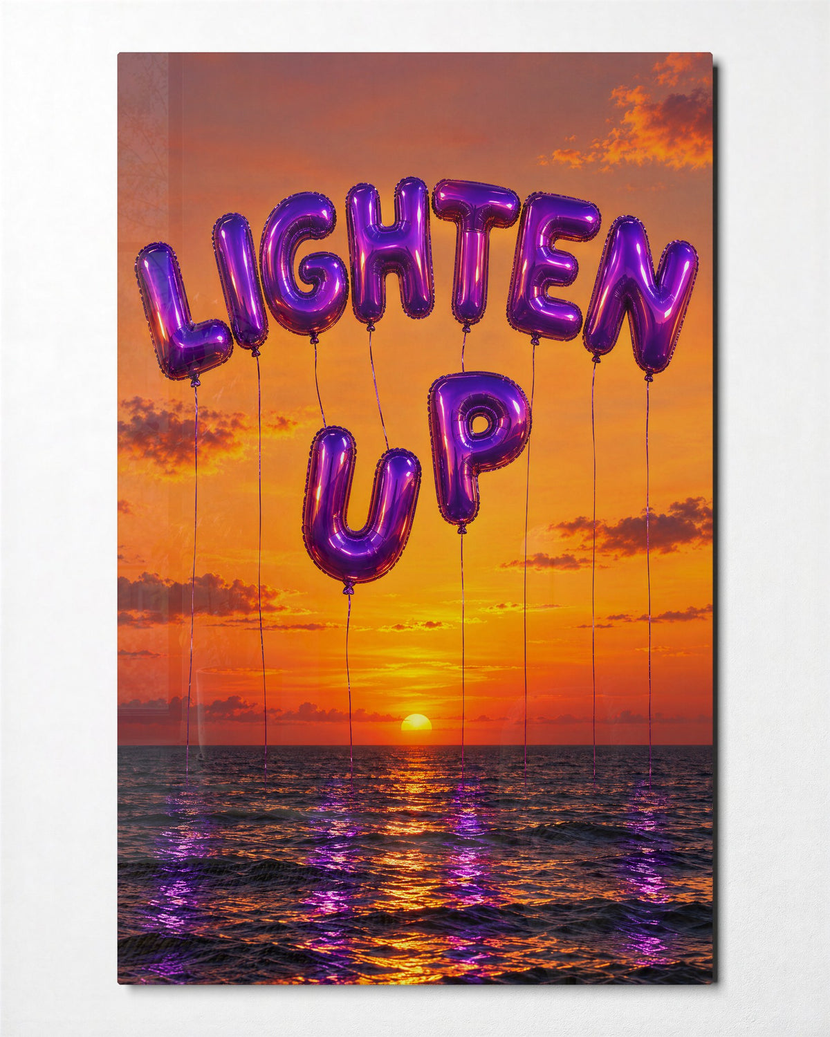 Inflated Words Over the Sea glass wall art, front view
