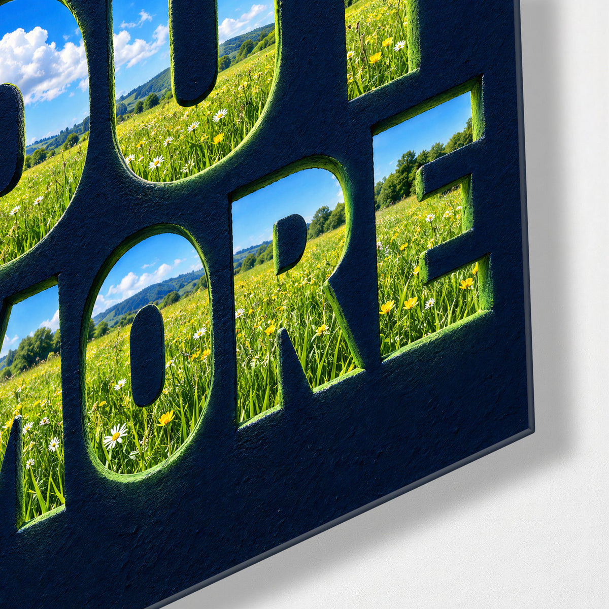 Letters Cut Like a Window glass wall art, corner view
