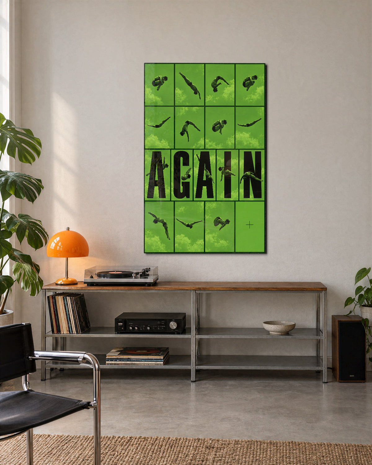 One Figure, Many Jumps glass wall art, lifestyle view