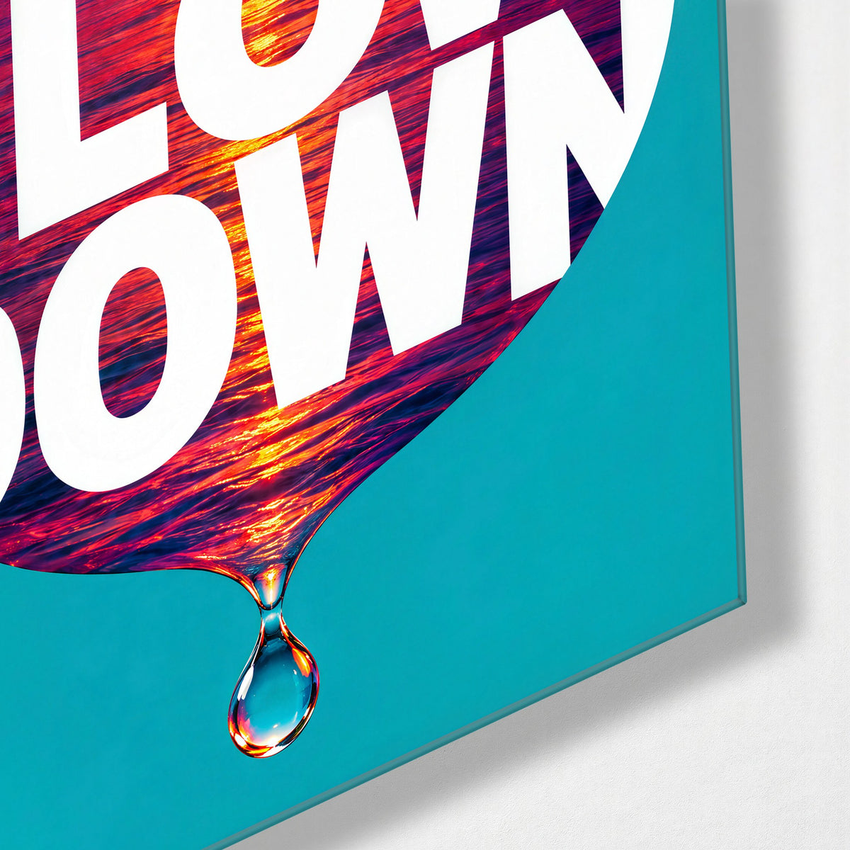 Sunset Inside a Droplet glass wall art, corner view