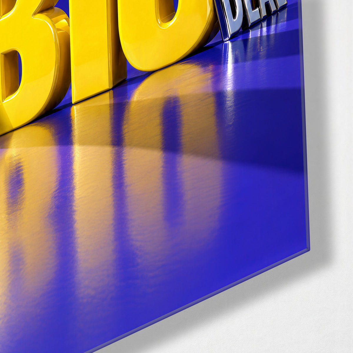 The Loud Middle Word glass wall art, corner view