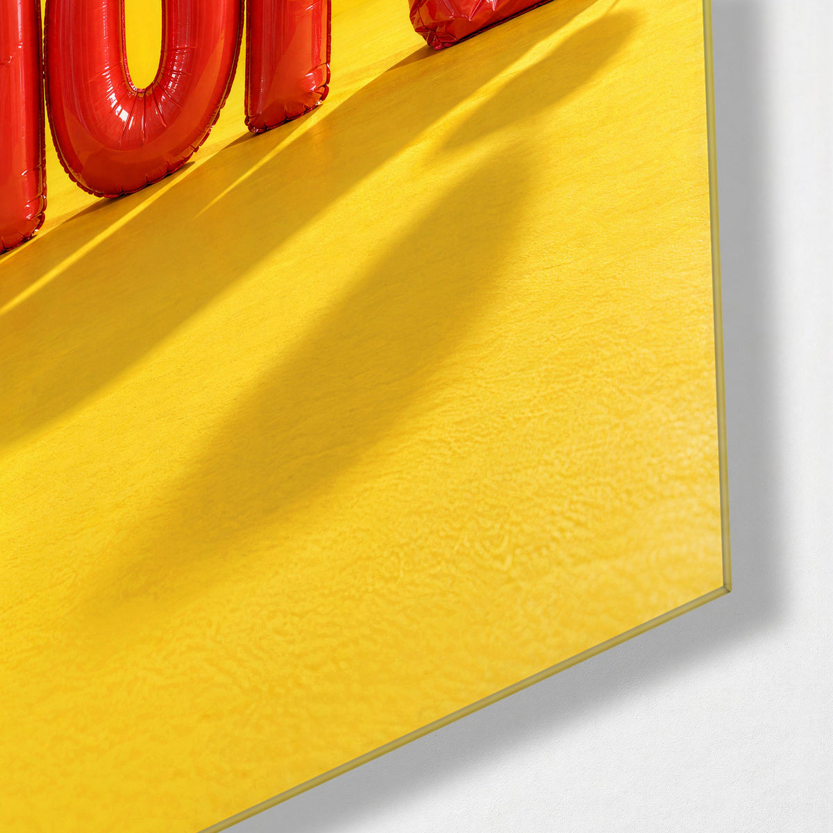 Red Letters, Slow Leak glass wall art, corner view