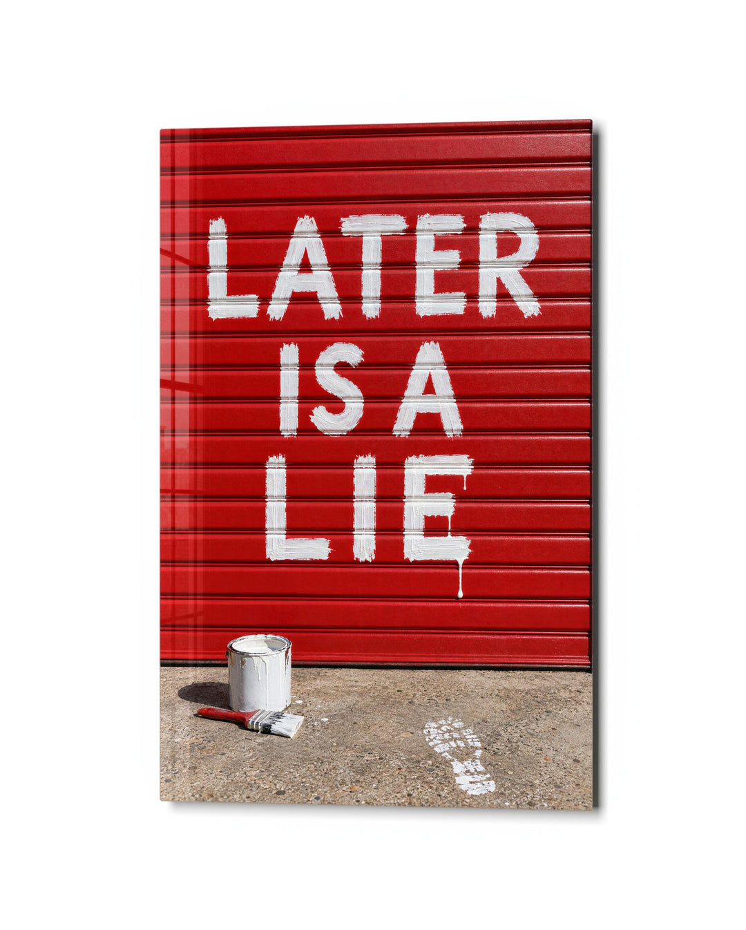 Message on a Red Shutter glass wall art, studio view