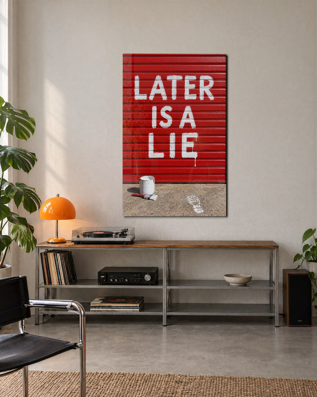 Message on a Red Shutter glass wall art, lifestyle view