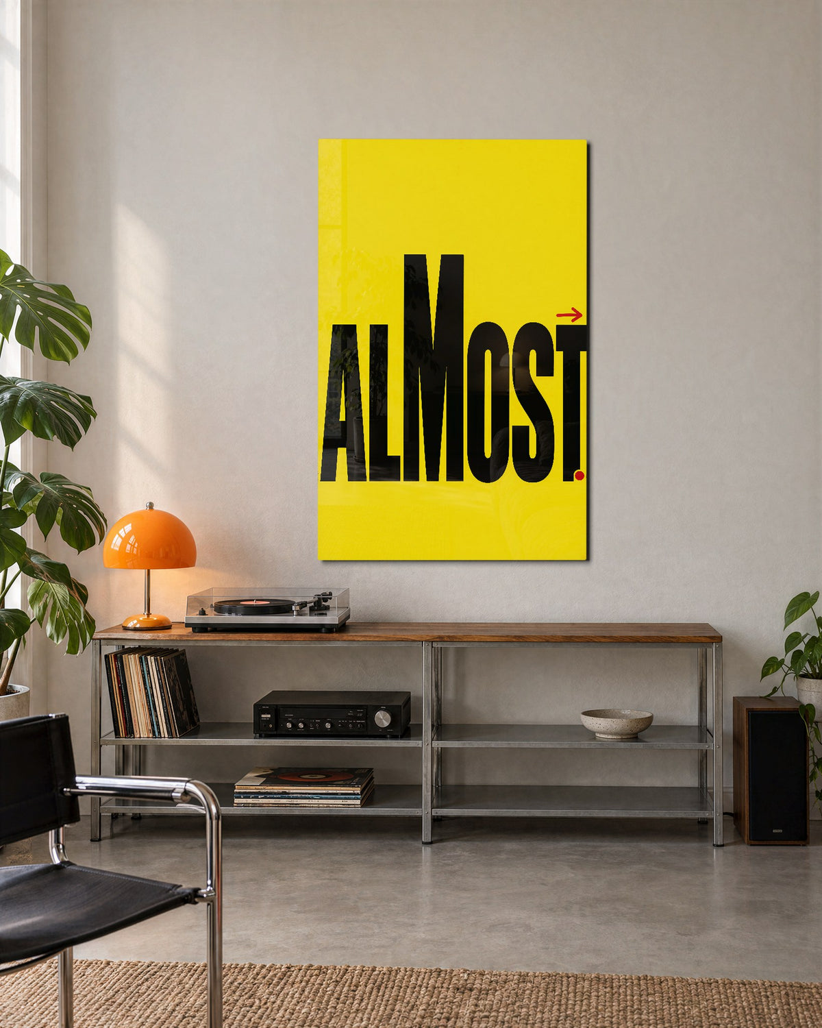A Red Arrow on Yellow glass wall art, lifestyle view