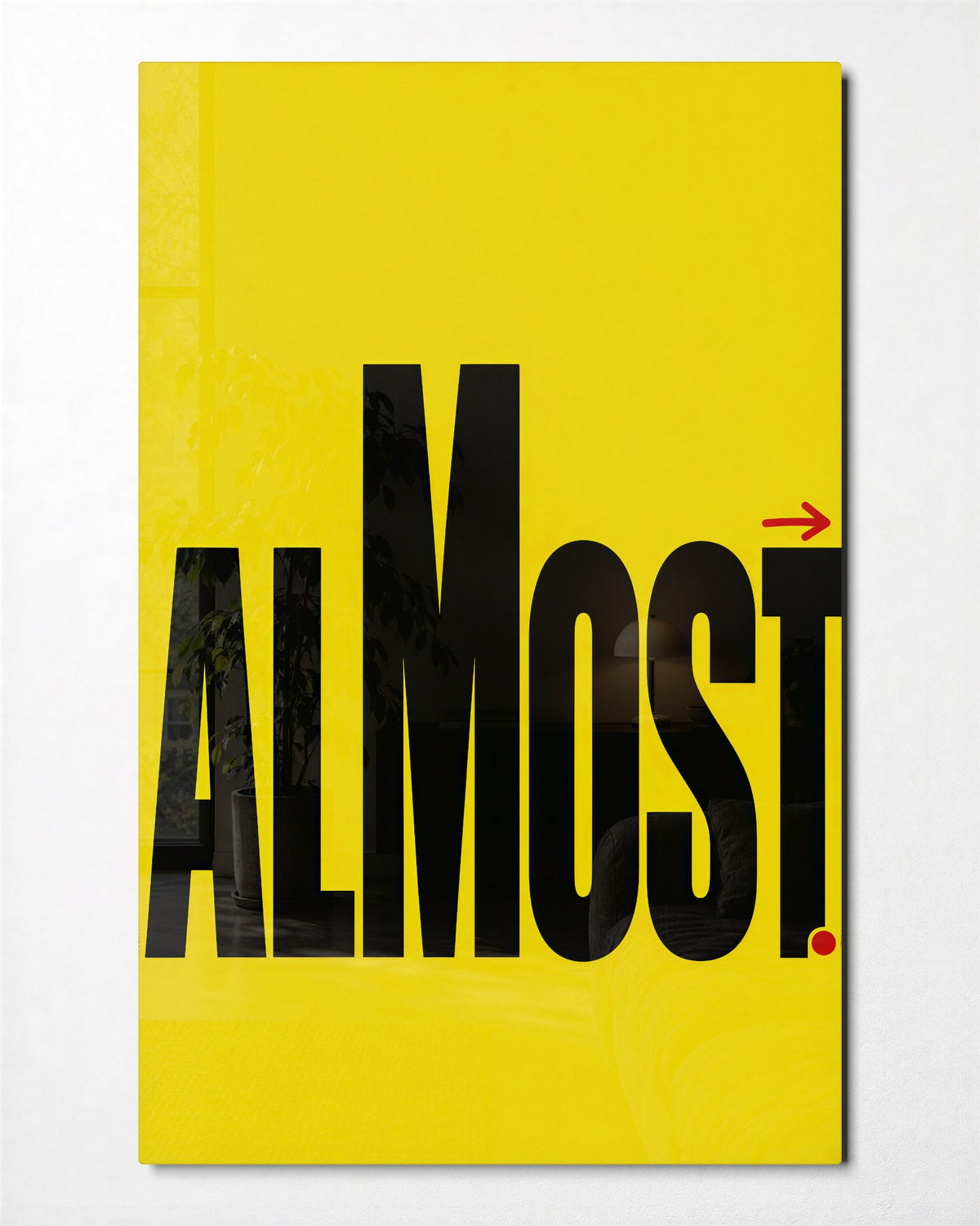 A Red Arrow on Yellow glass wall art, front view