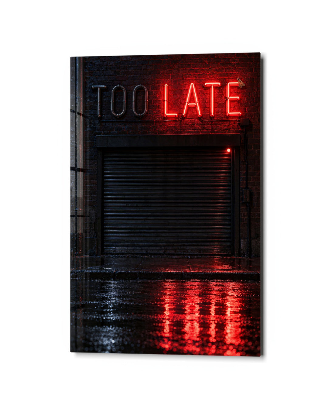 Closed Shutter, Red Word glass wall art, studio view