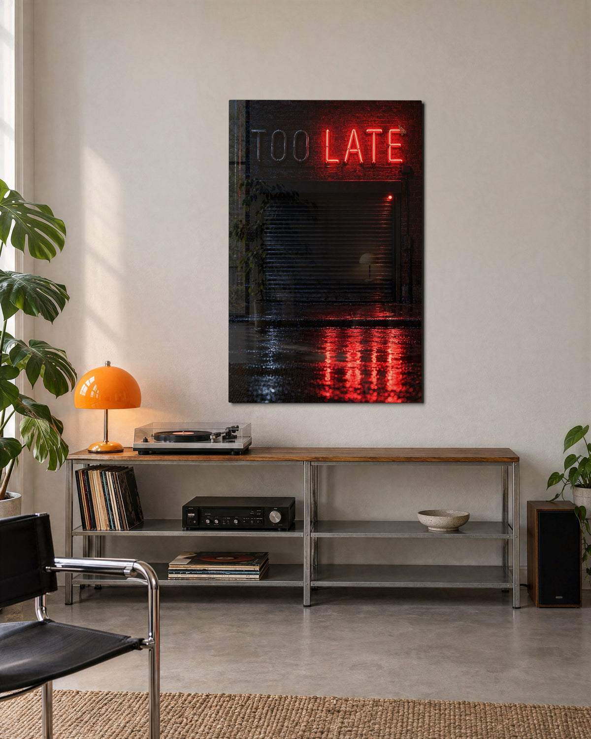 Closed Shutter, Red Word glass wall art, lifestyle view