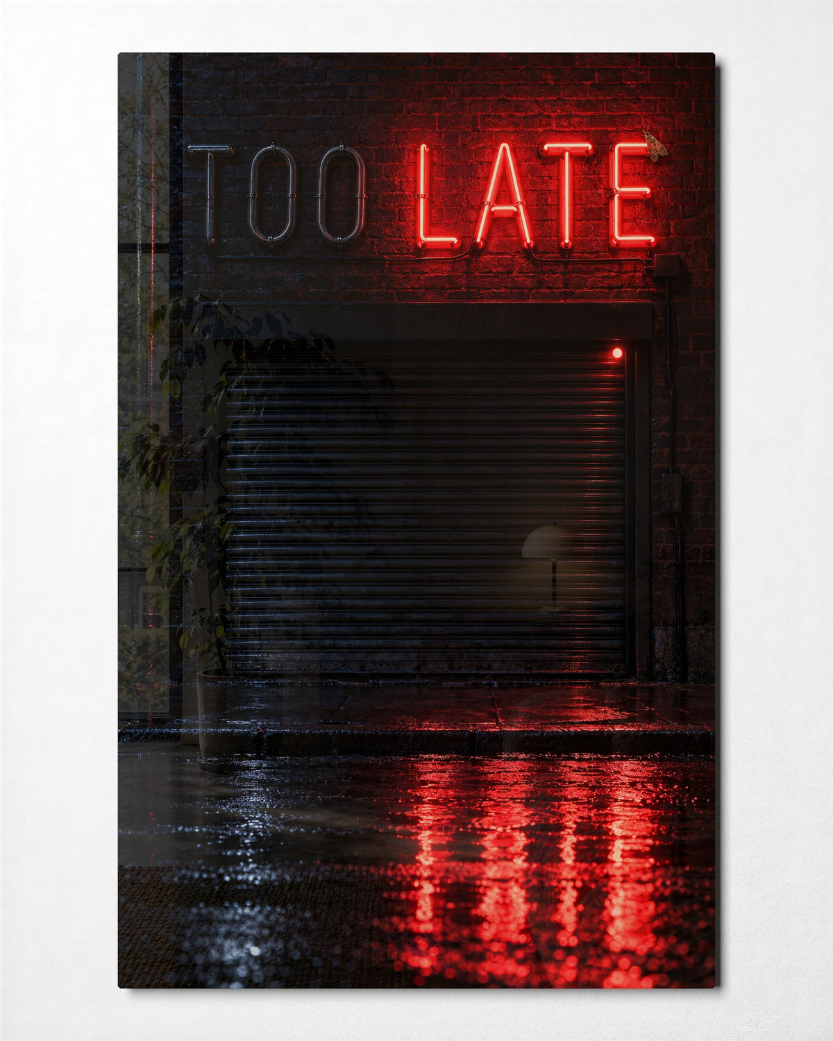 Closed Shutter, Red Word glass wall art, front view