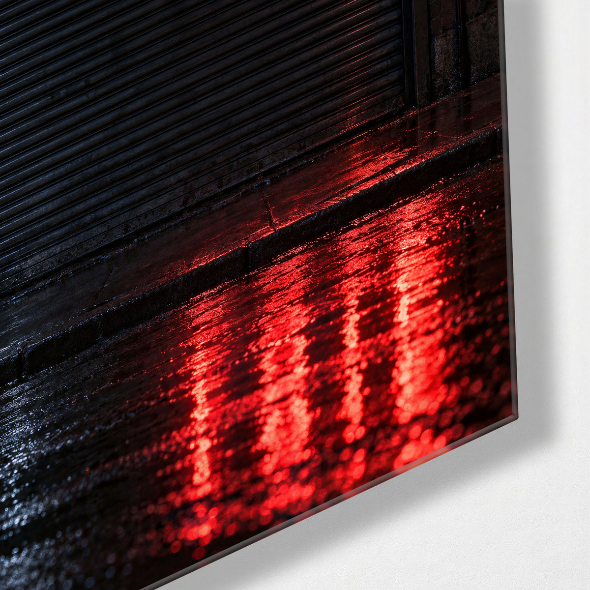 Closed Shutter, Red Word glass wall art, corner view
