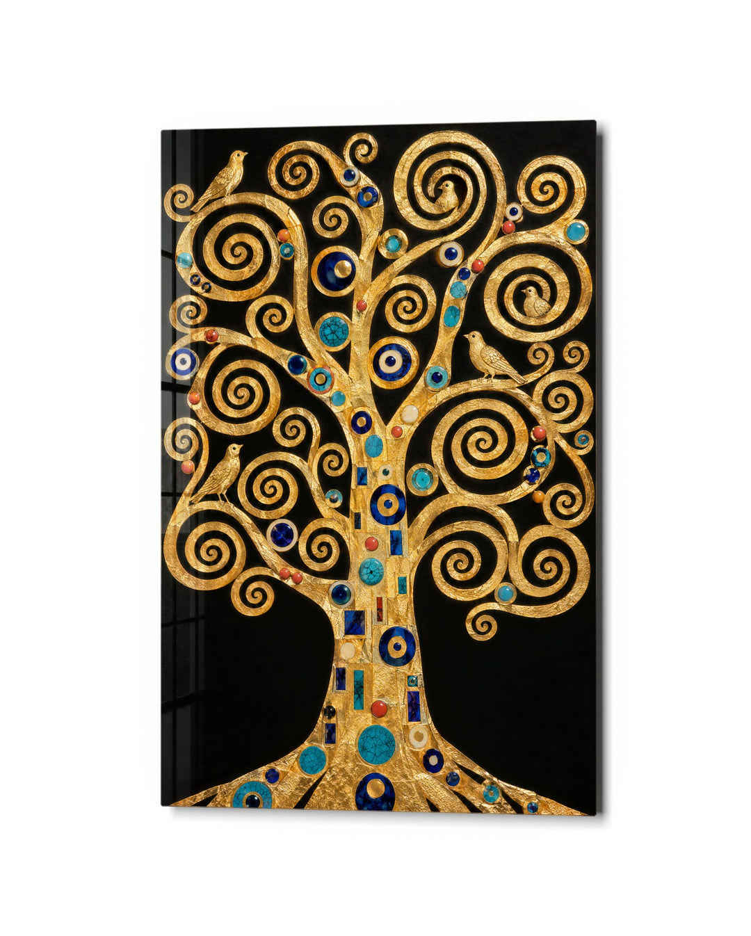Spiral Branches in Gold glass wall art, studio view