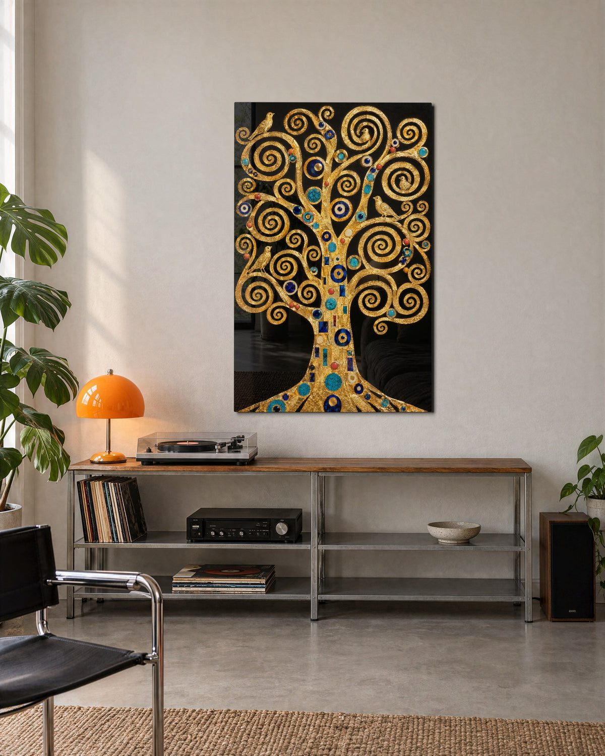 Spiral Branches in Gold glass wall art, lifestyle view