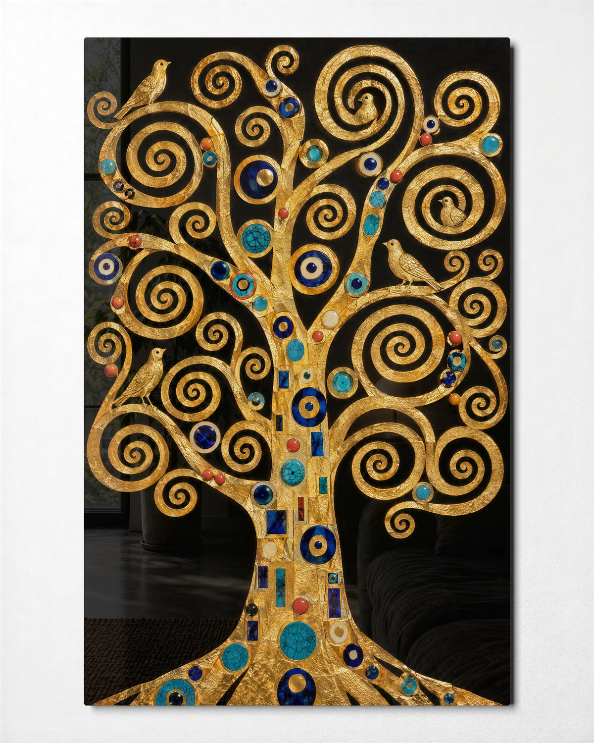 Spiral Branches in Gold glass wall art, front view