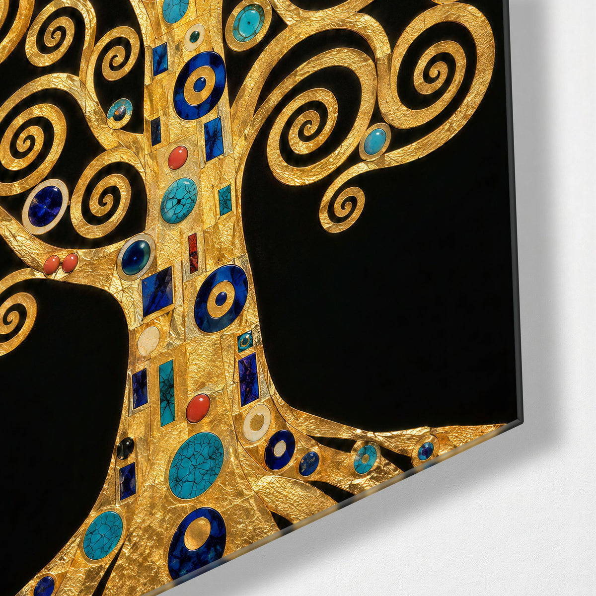 Spiral Branches in Gold glass wall art, corner view