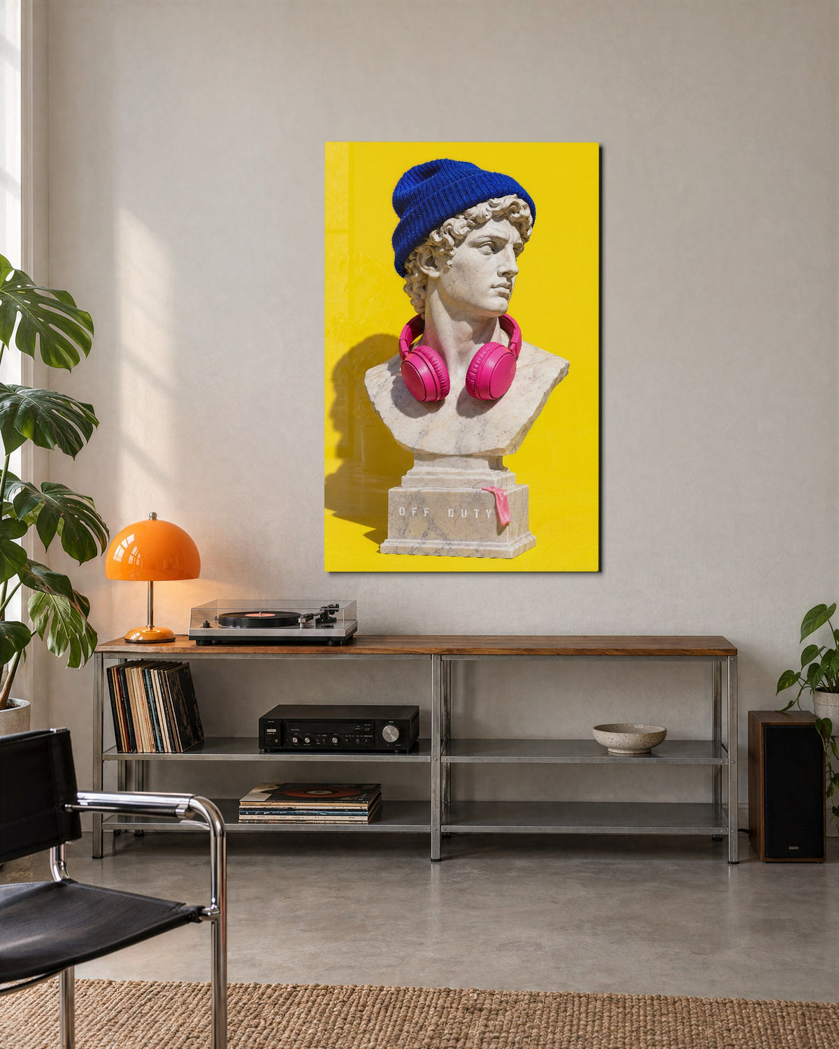 Retired Marble Man glass wall art, lifestyle view