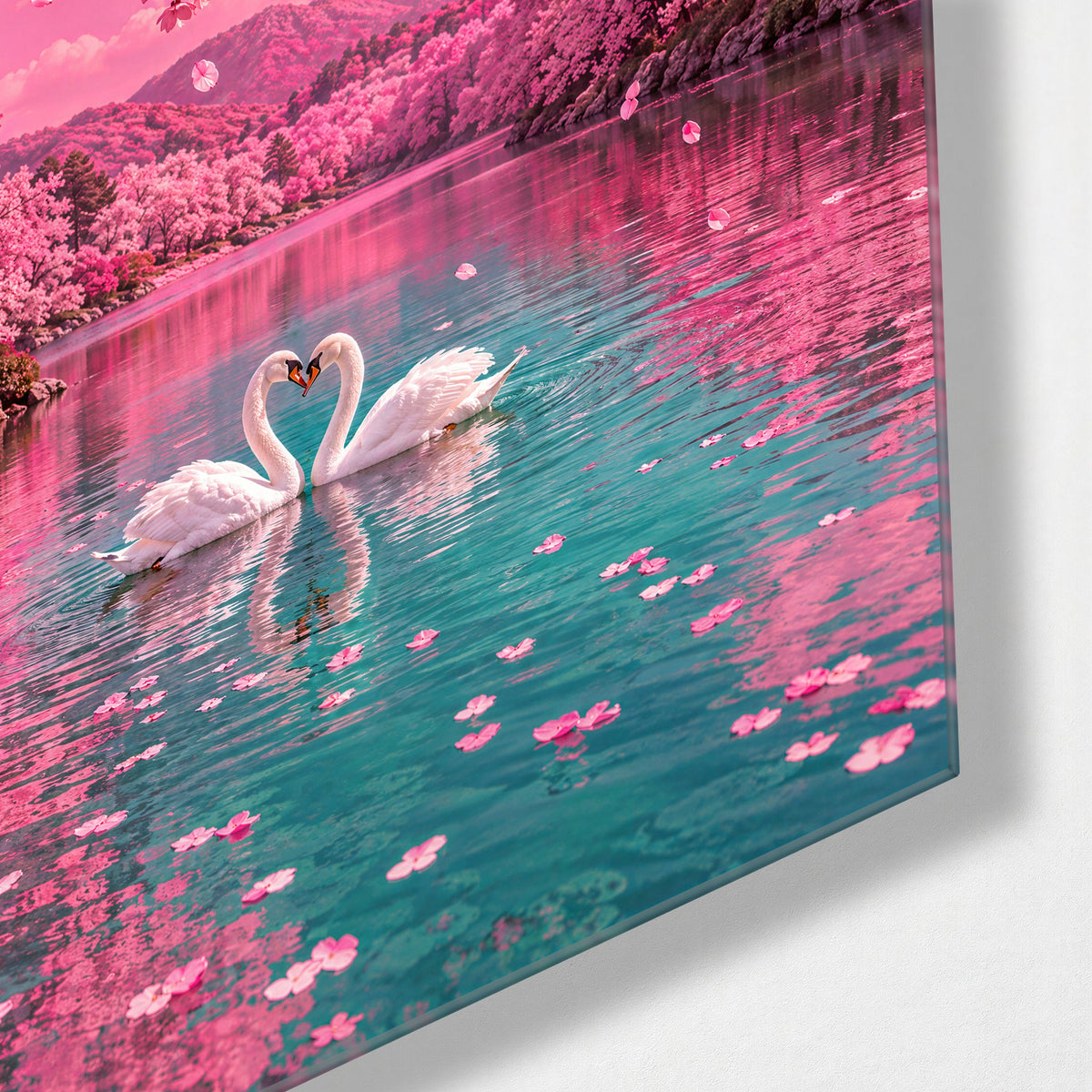 White Pair, Heart of Water glass wall art, corner view
