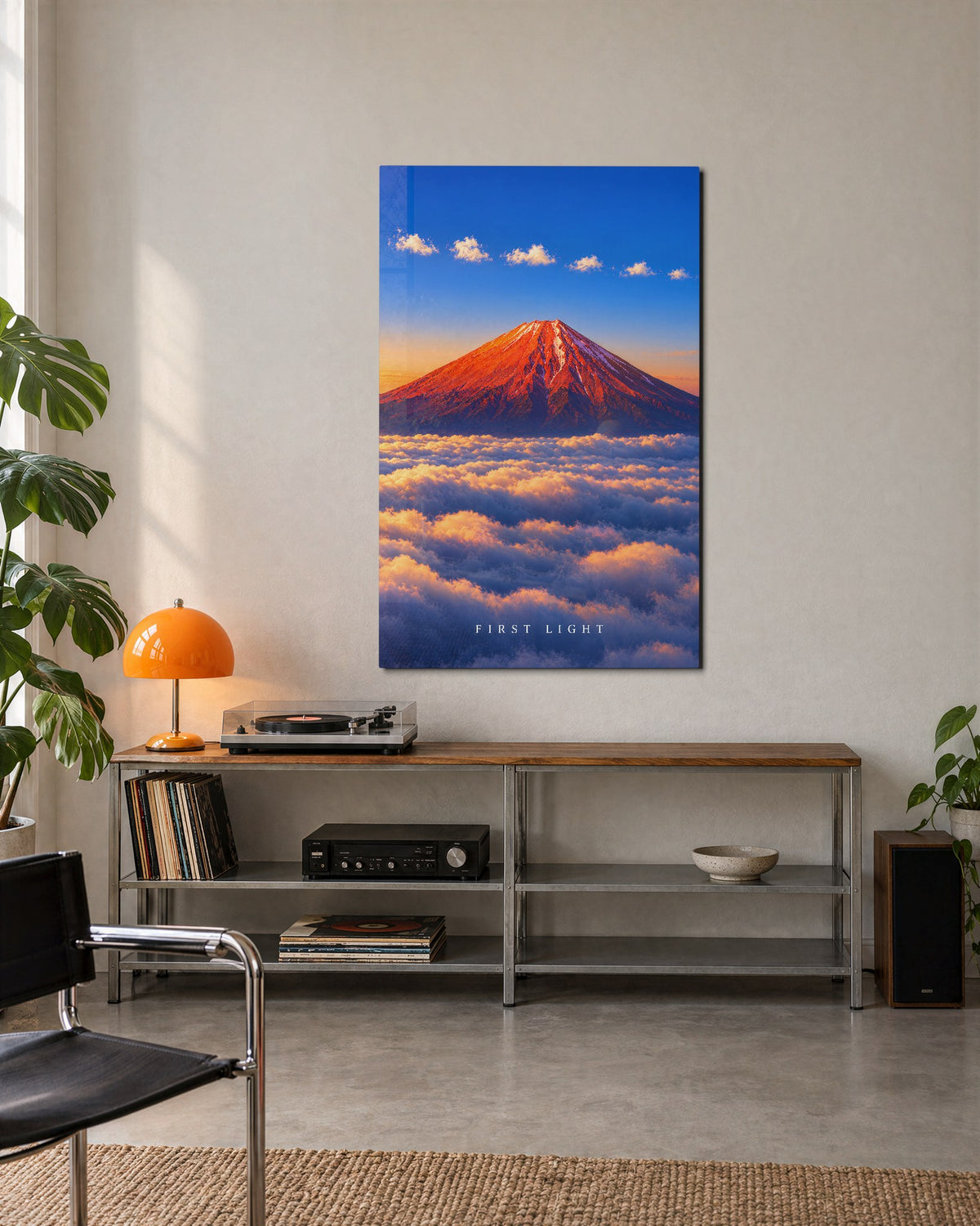 Daybreak on the Red Mountain glass wall art, lifestyle view