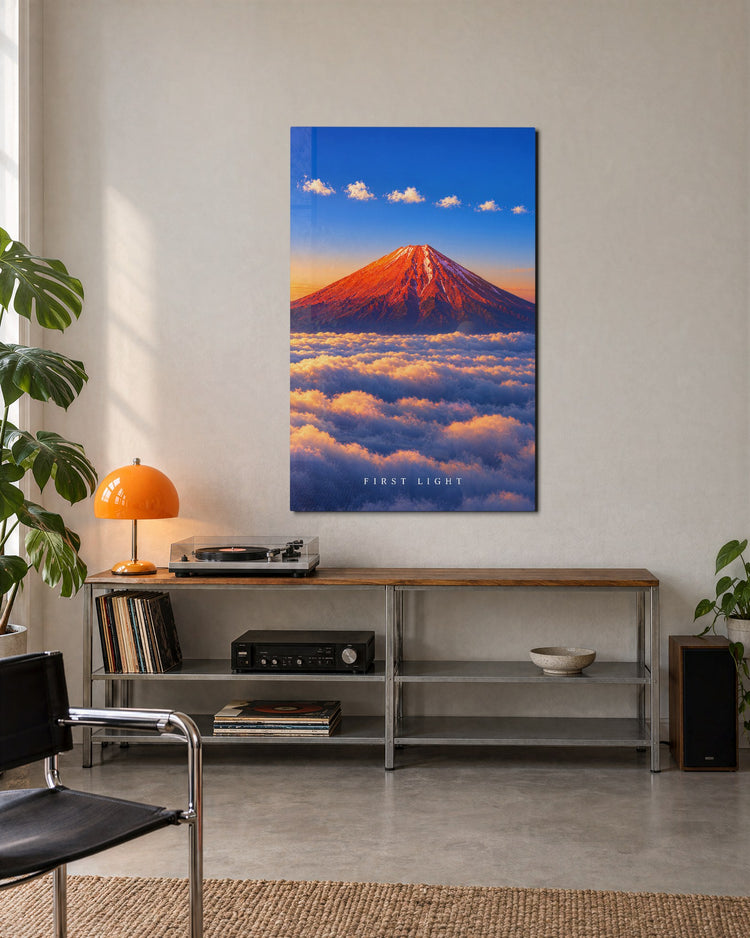 Daybreak on the Red Mountain glass wall art, lifestyle view