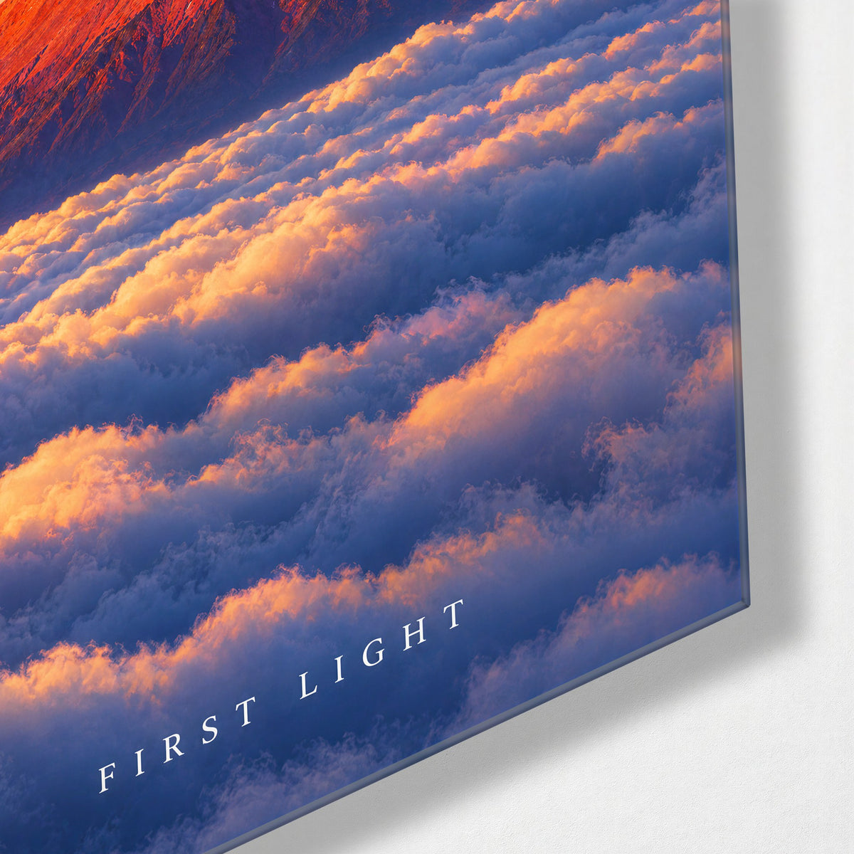 Daybreak on the Red Mountain glass wall art, corner view