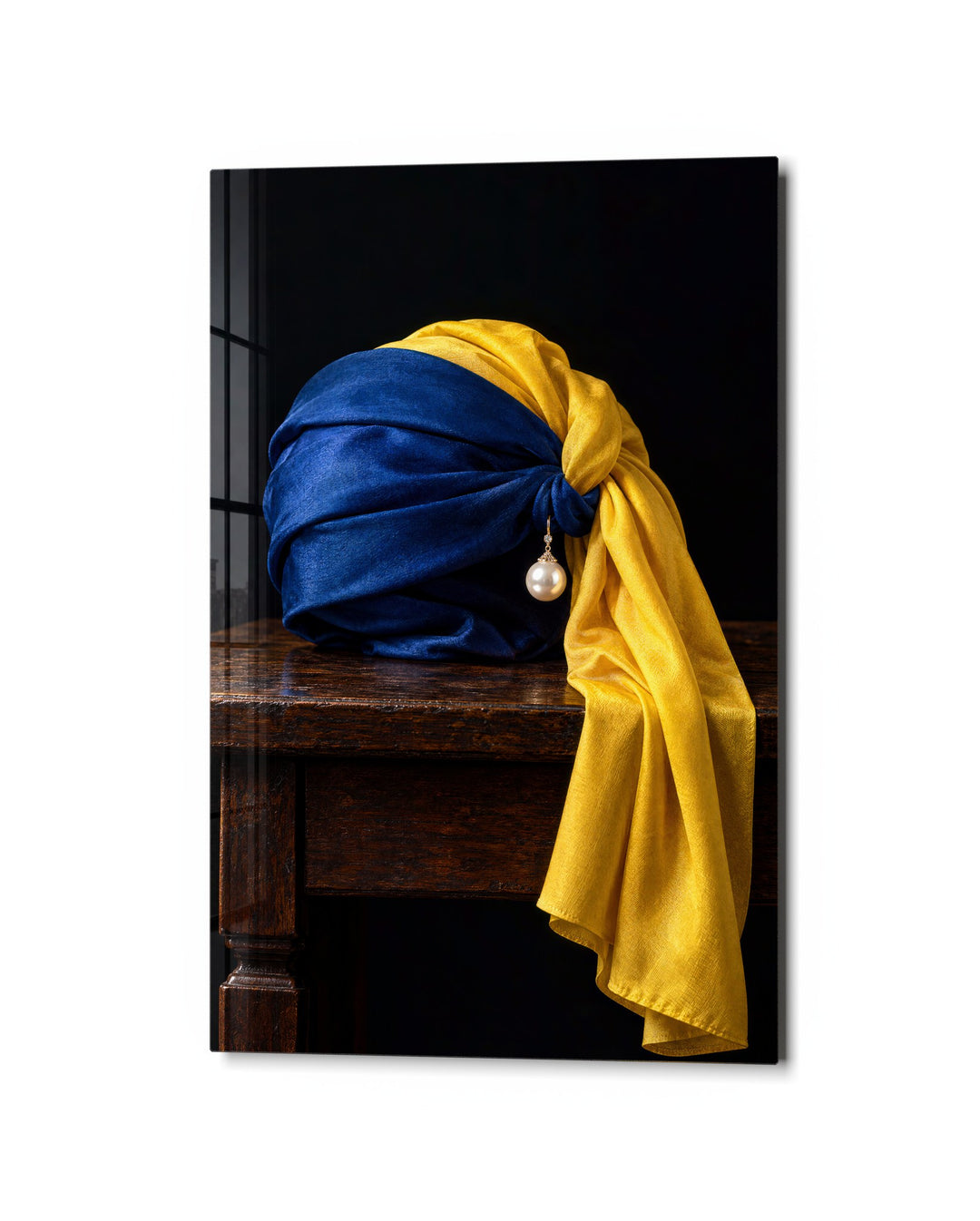 Silk Wrap, One Earring glass wall art, studio view