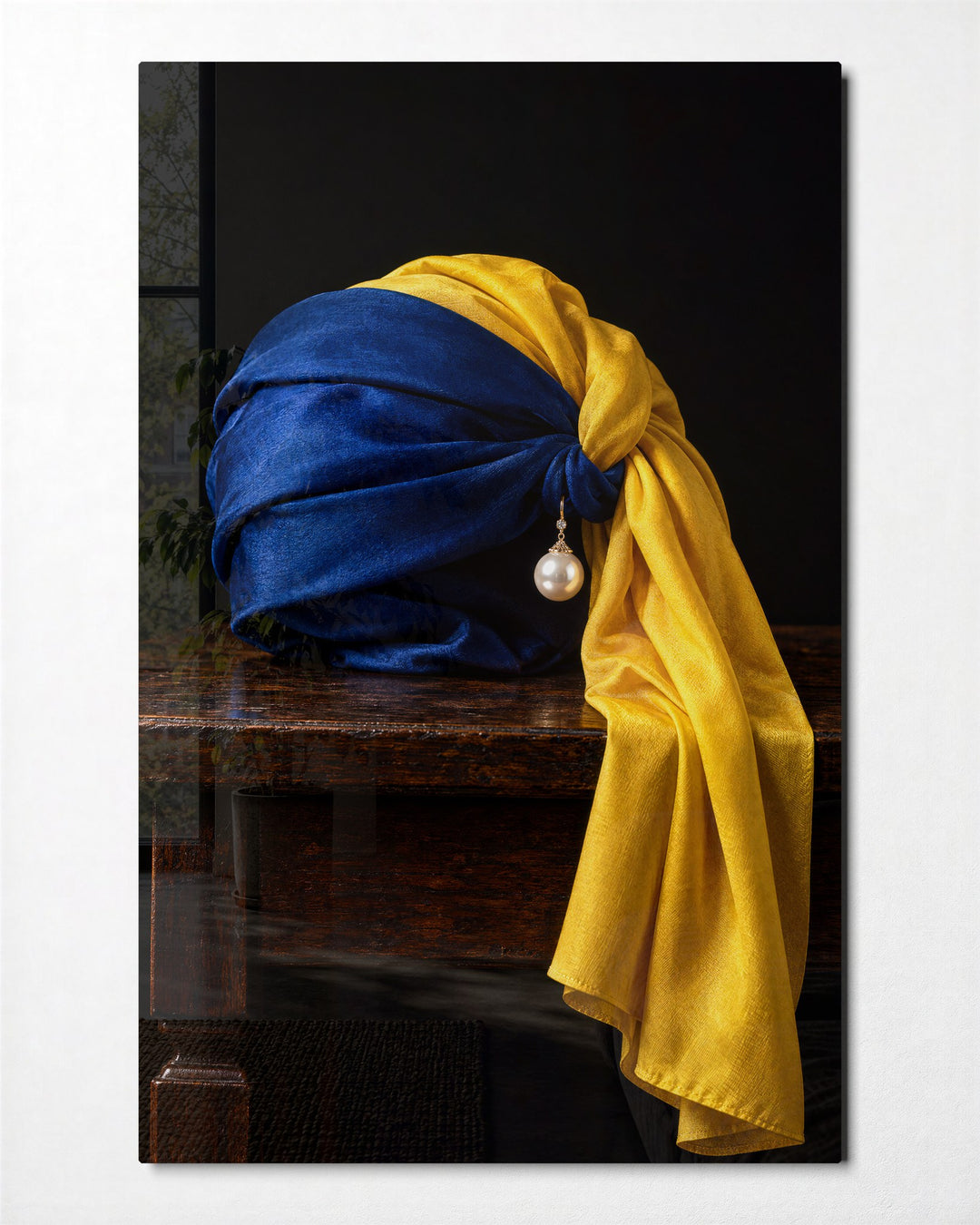 Silk Wrap, One Earring glass wall art, front view