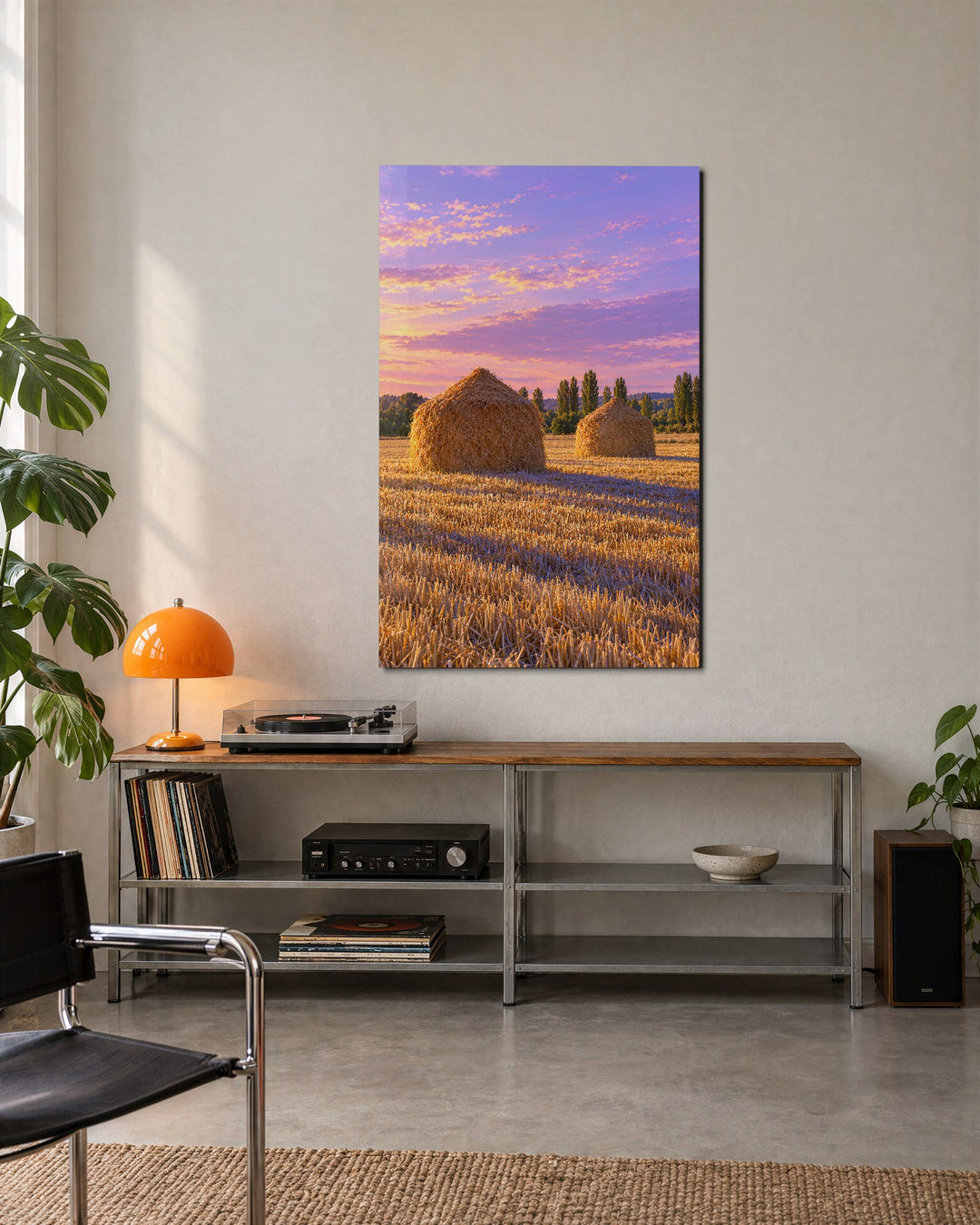 Two Bales, Late Light glass wall art, lifestyle view