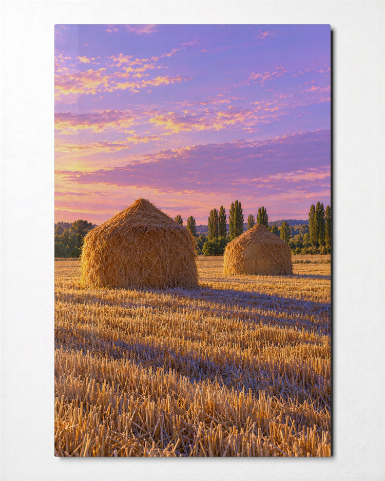 Two Bales, Late Light glass wall art, front view
